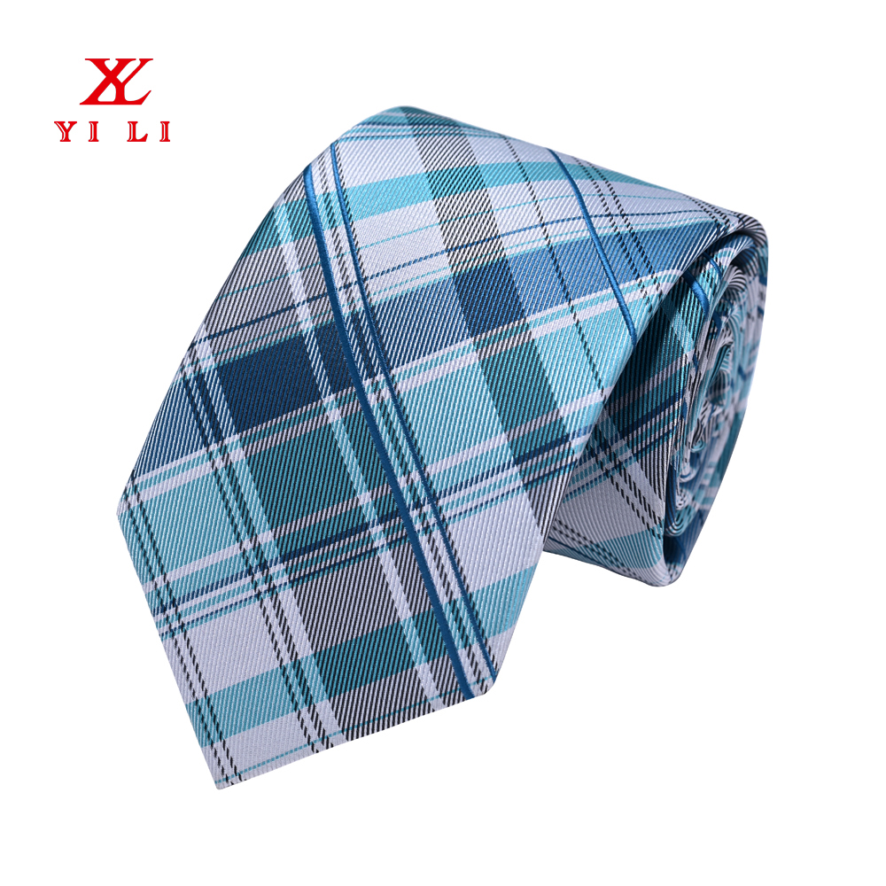 廠家定制小清新藍(lán)色格子滌絲學(xué)生領(lǐng)帶